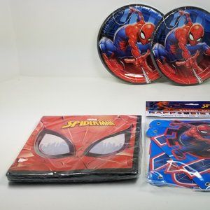 Spiderman party set includes napkins, cake plates and banner